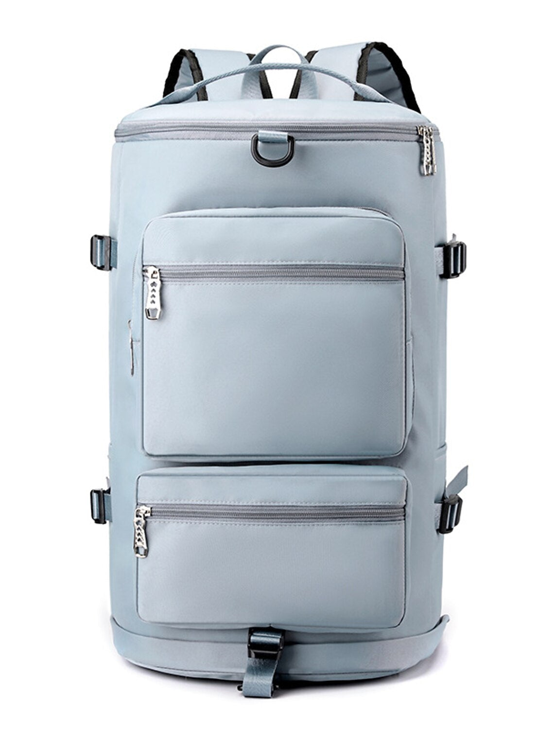 Bottom view of the durable grey duffle bag.