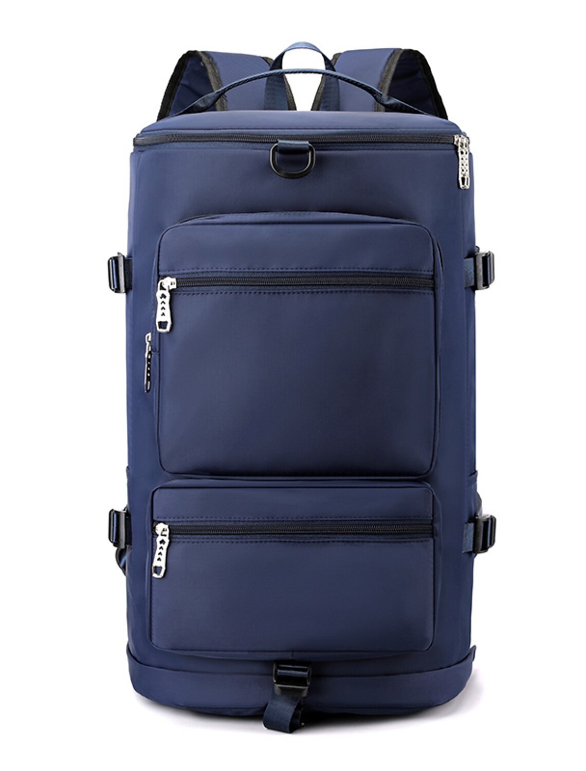 Person demonstrating crossbody wear of the grey duffle bag.