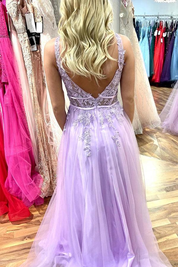 A-line V Neck Beaded Appliques Sleeveless Tulle Lilac Long Prom Dress