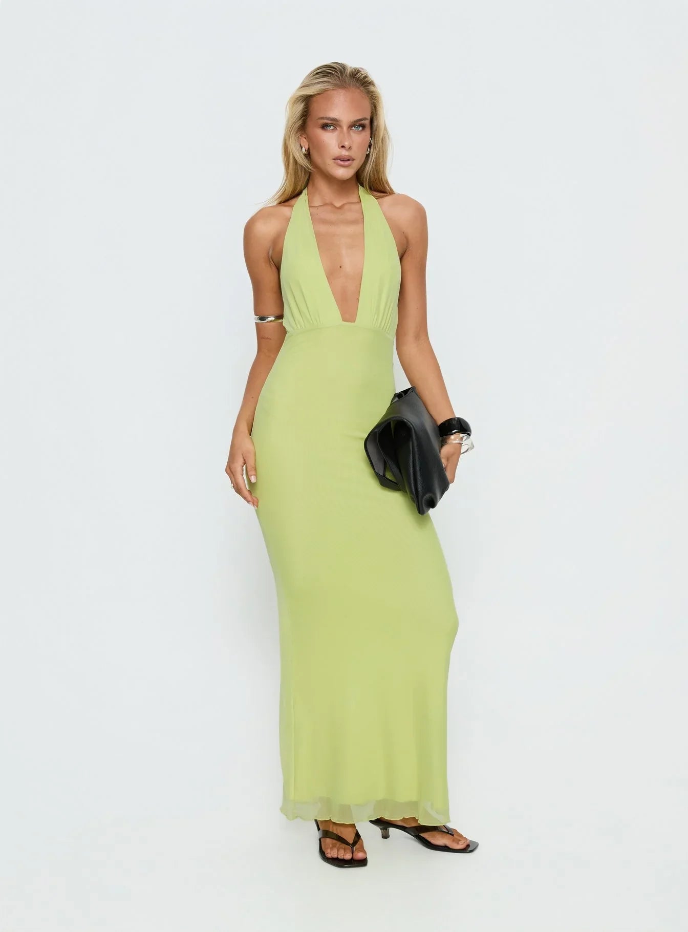Lime Green Halter Prom Dress with Deep V Neckline and Open Back for Formal Events and Prom Nights
