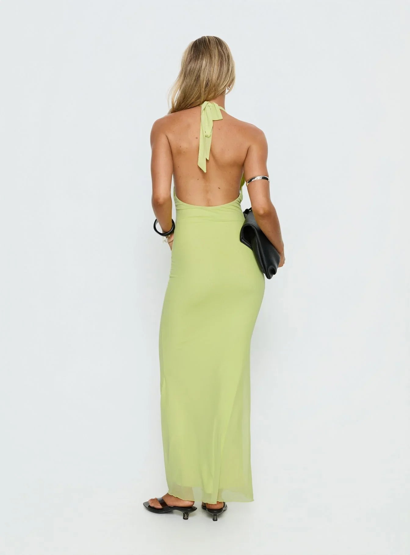 Lime Green Halter Prom Dress with Deep V Neckline and Open Back for Formal Events and Prom Nights
