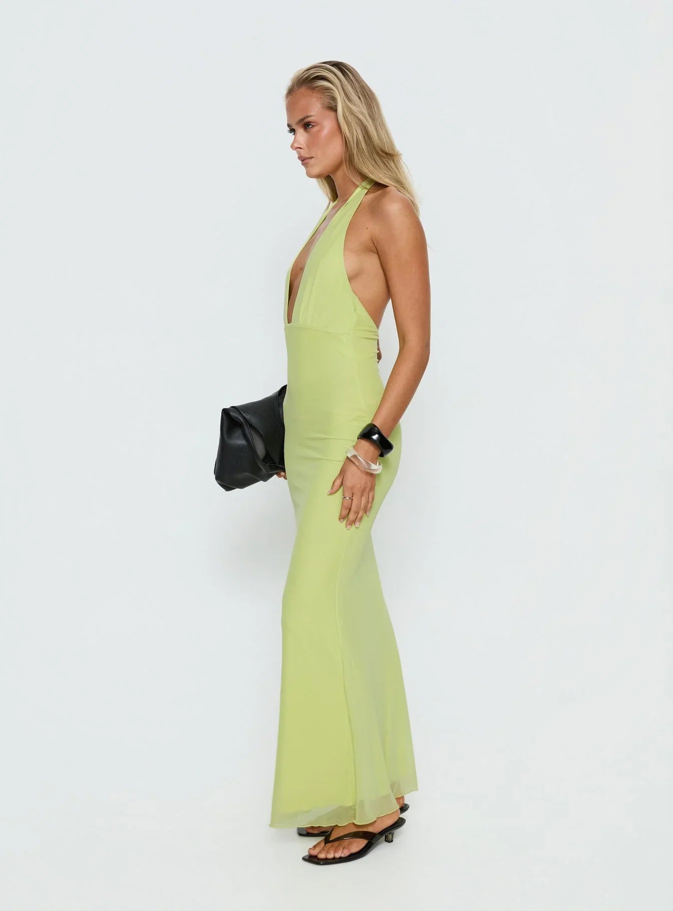 Lime Green Halter Prom Dress with Deep V Neckline and Open Back for Formal Events and Prom Nights