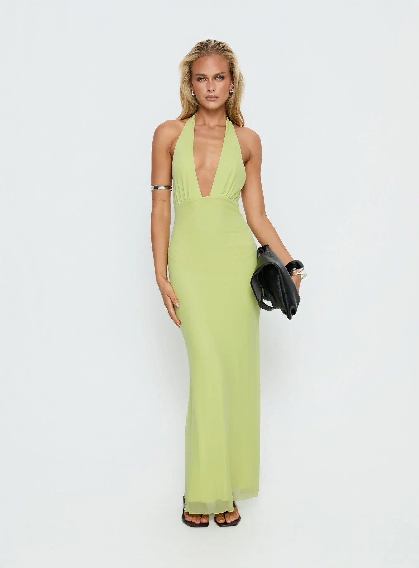 Lime Green Halter Prom Dress with Deep V Neckline and Open Back for Formal Events and Prom Nights