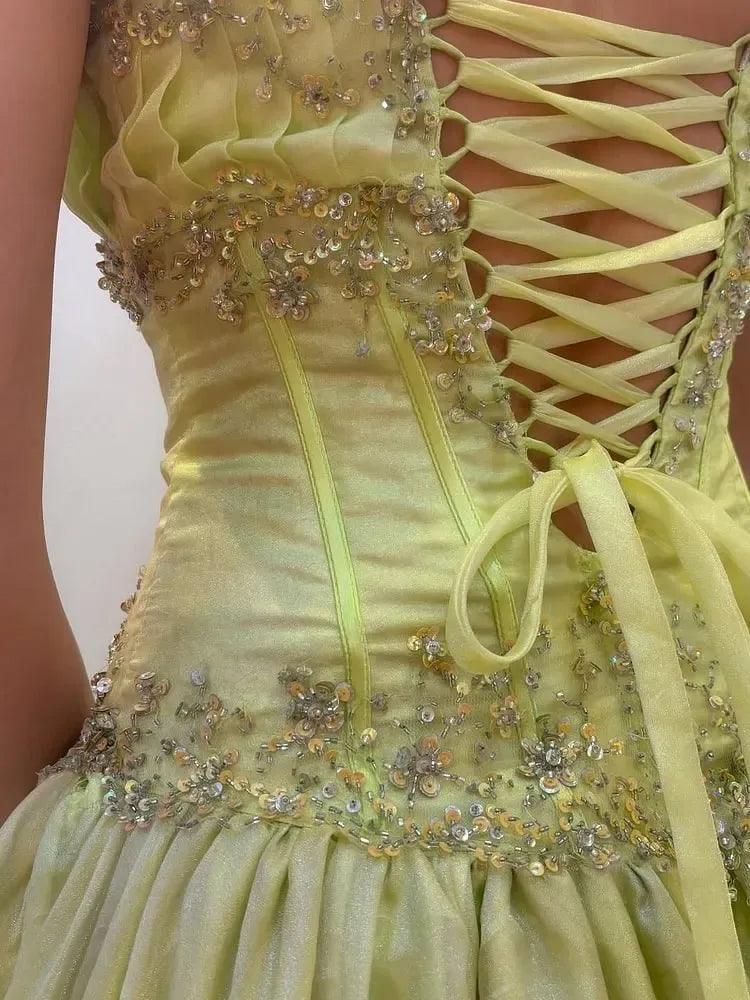 Lime Green Strapless Prom Dress With Beaded Corset And Tiered Ball Gown Skirt Formal Prom Dress