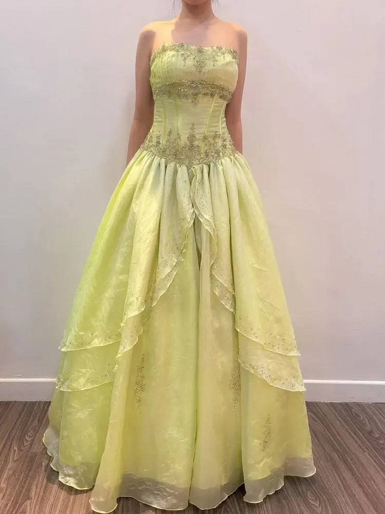 Lime Green Strapless Prom Dress With Beaded Corset And Tiered Ball Gown Skirt Formal Prom Dress
