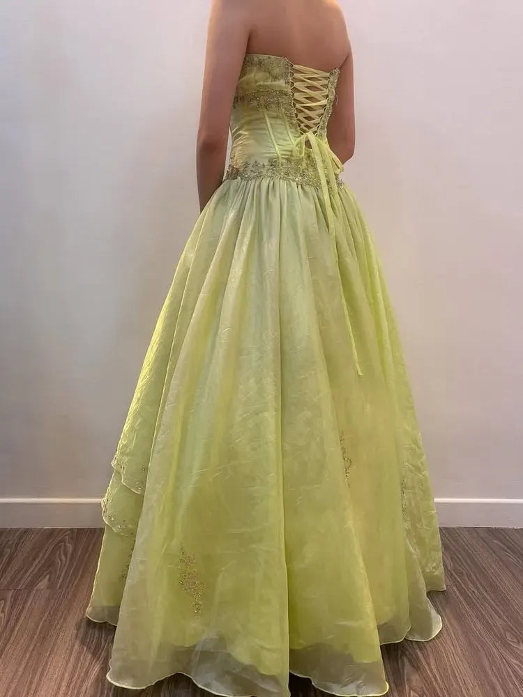 Lime Green Strapless Prom Dress With Beaded Corset And Tiered Ball Gown Skirt Formal Prom Dress