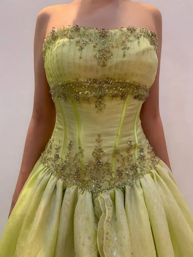 Lime Green Strapless Prom Dress With Beaded Corset And Tiered Ball Gown Skirt Formal Prom Dress