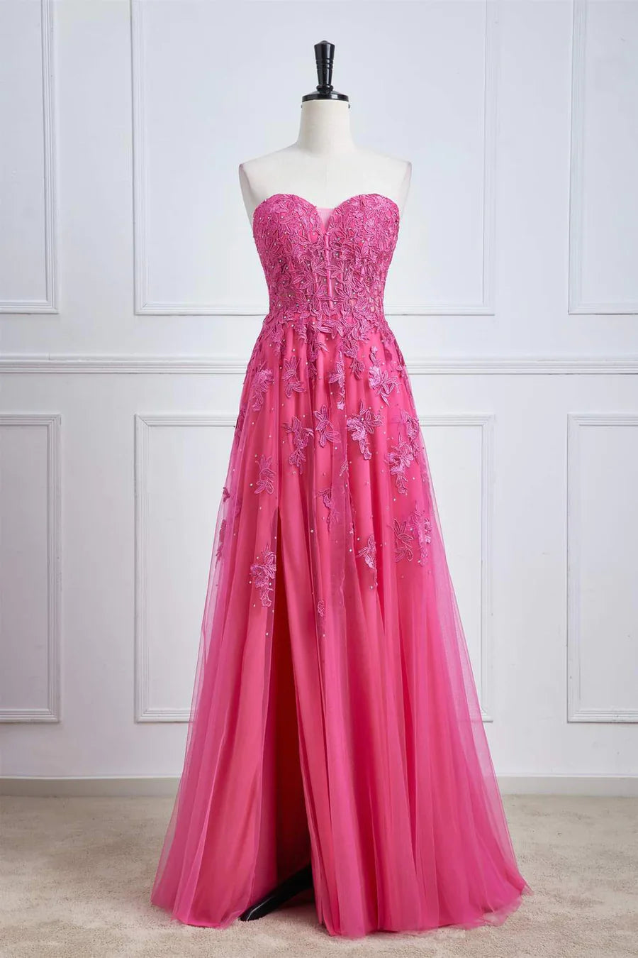 A-line Floral Formal Wear Strapless Prom Dresses With Slit