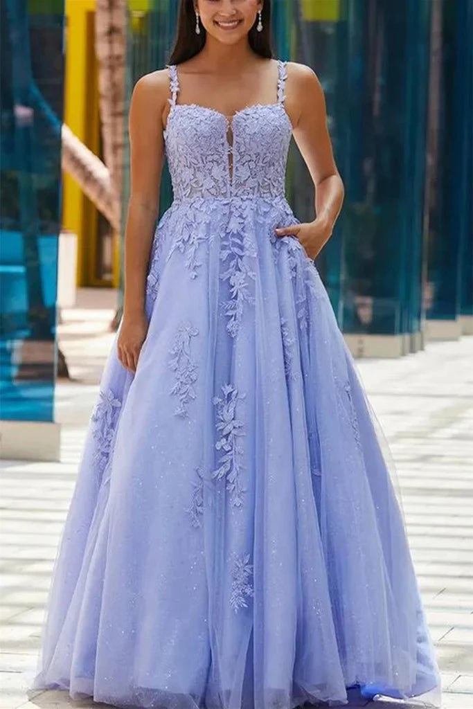 A-line Lace Prom Dresses V Neck Formal Evening Dresses with Pockets