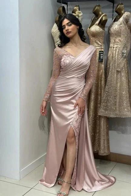 Long Sleeve Lace Satin Mermaid Prom Dress (Blush Pink)