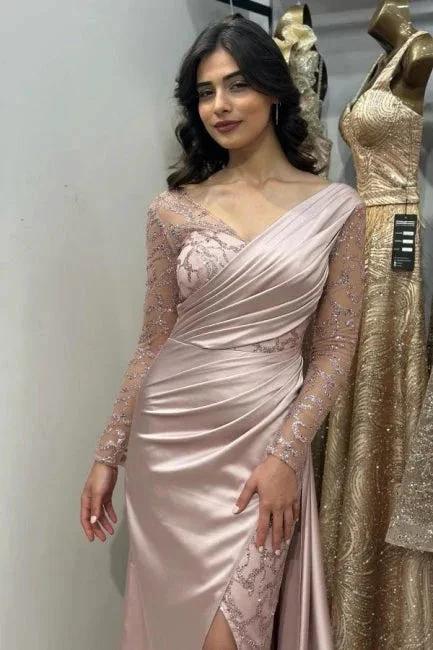 Long Sleeve Lace Satin Mermaid Prom Dress (Blush Pink)