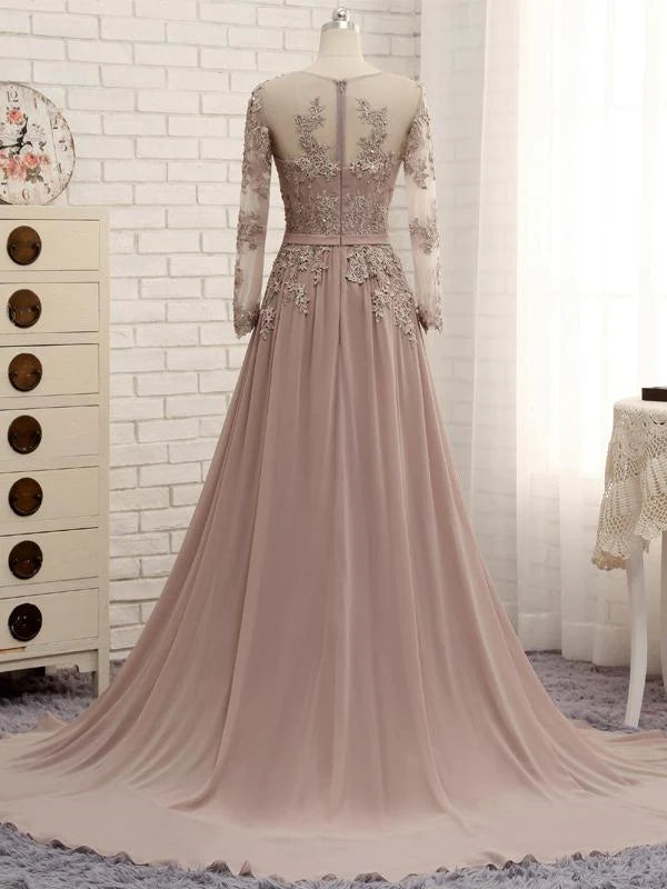 A Line Long Sleeveless Lace Prom Dresses Chiffon Evening Gown