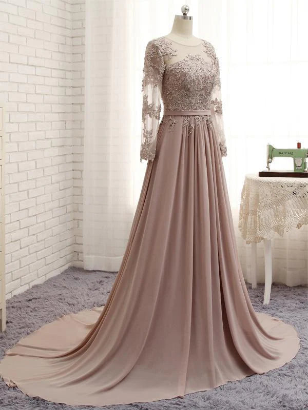 A Line Long Sleeveless Lace Prom Dresses Chiffon Evening Gown