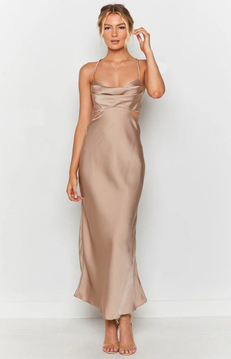 Luxe Slip Cowl Neck Spaghetti Strap Cross Back Floor Length Prom Dress
