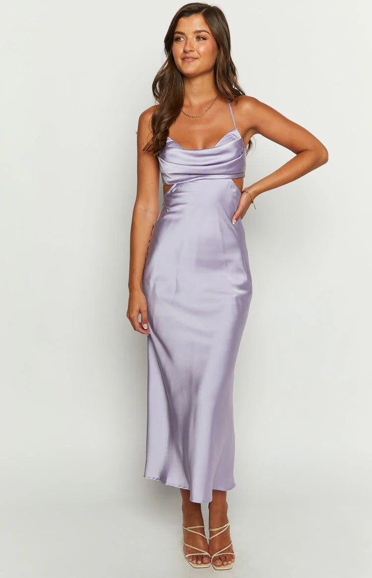 Luxe Slip Cowl Neck Spaghetti Strap Cross Back Floor Length Prom Dress