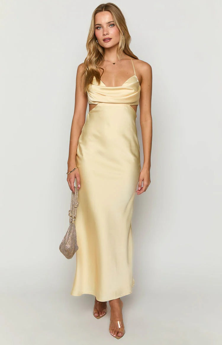 Luxe Slip Cowl Neck Spaghetti Strap Cross Back Floor Length Prom Dress