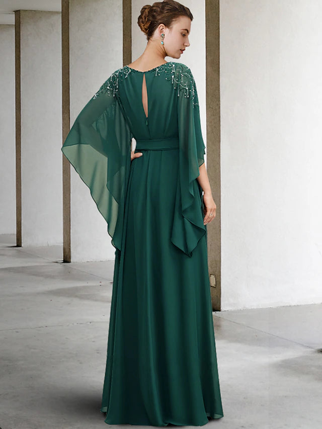 Side view of the A-Line Mother of the Bride dress, highlighting the elegant drape and half sleeves.