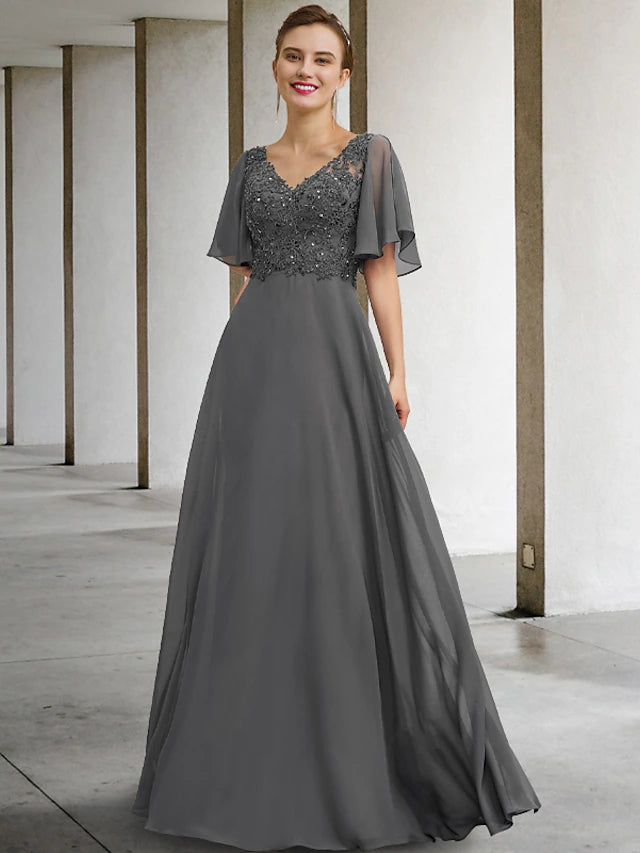 Elegant A-line Mother of the Bride dress with V-neck and short sleeves.