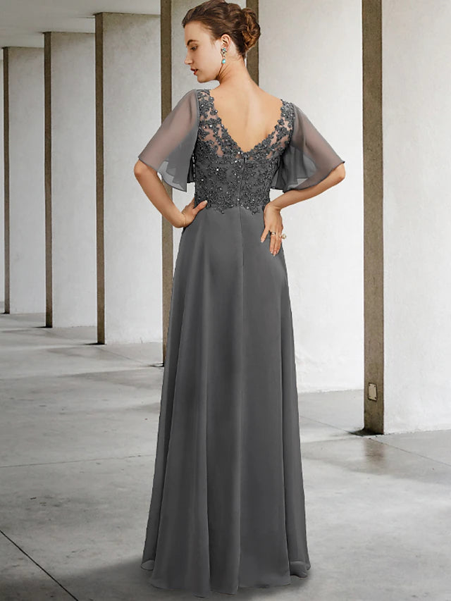 Floor-length A-line gown for Mother of the Bride from a side view.