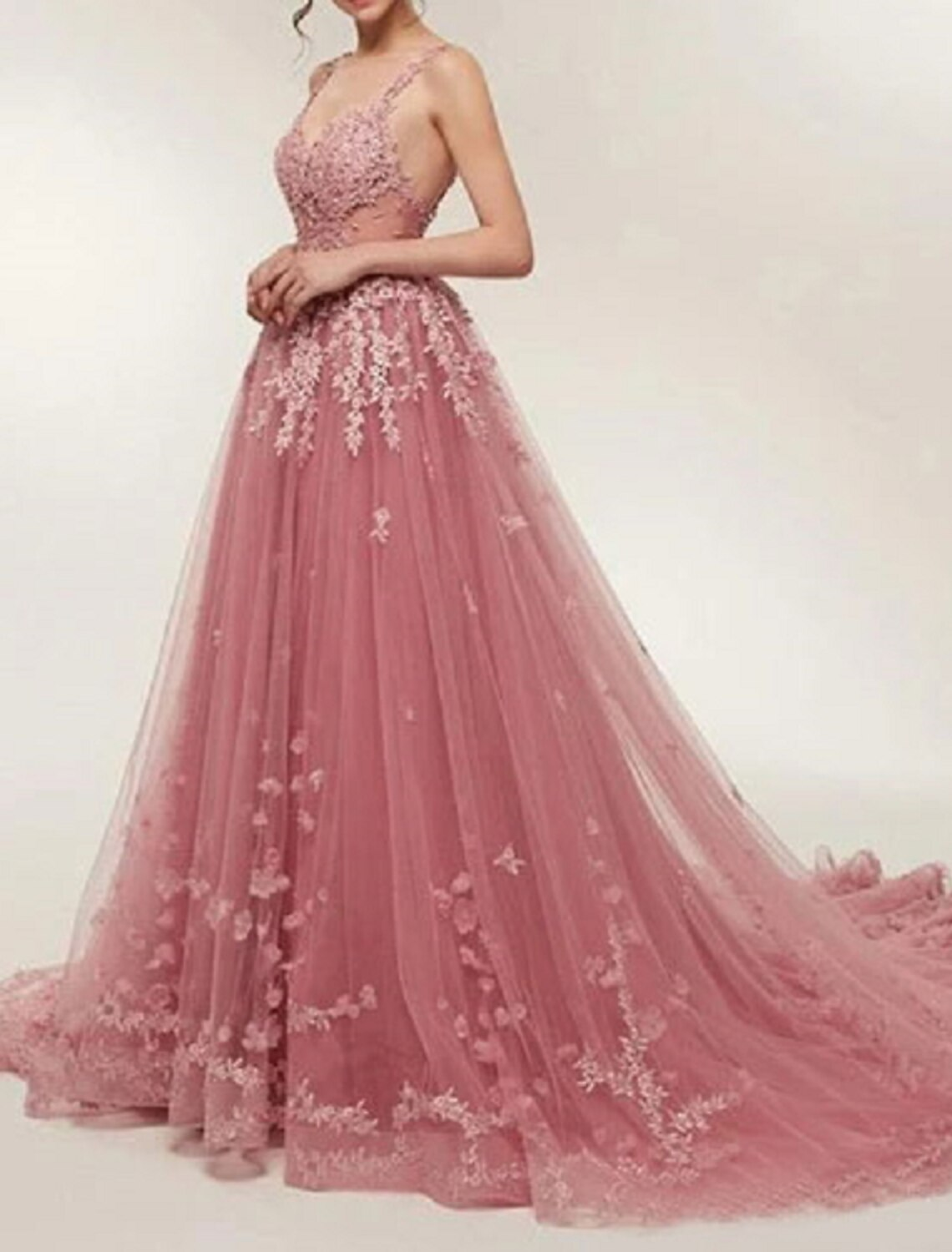 Stunning tulle ball gown featuring a V-neck and detailed appliques, back view.