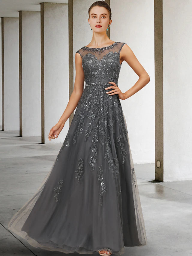 Elegant A-line Mother of the Bride dress with jewel neck, lace, tulle, beading, and sequins.