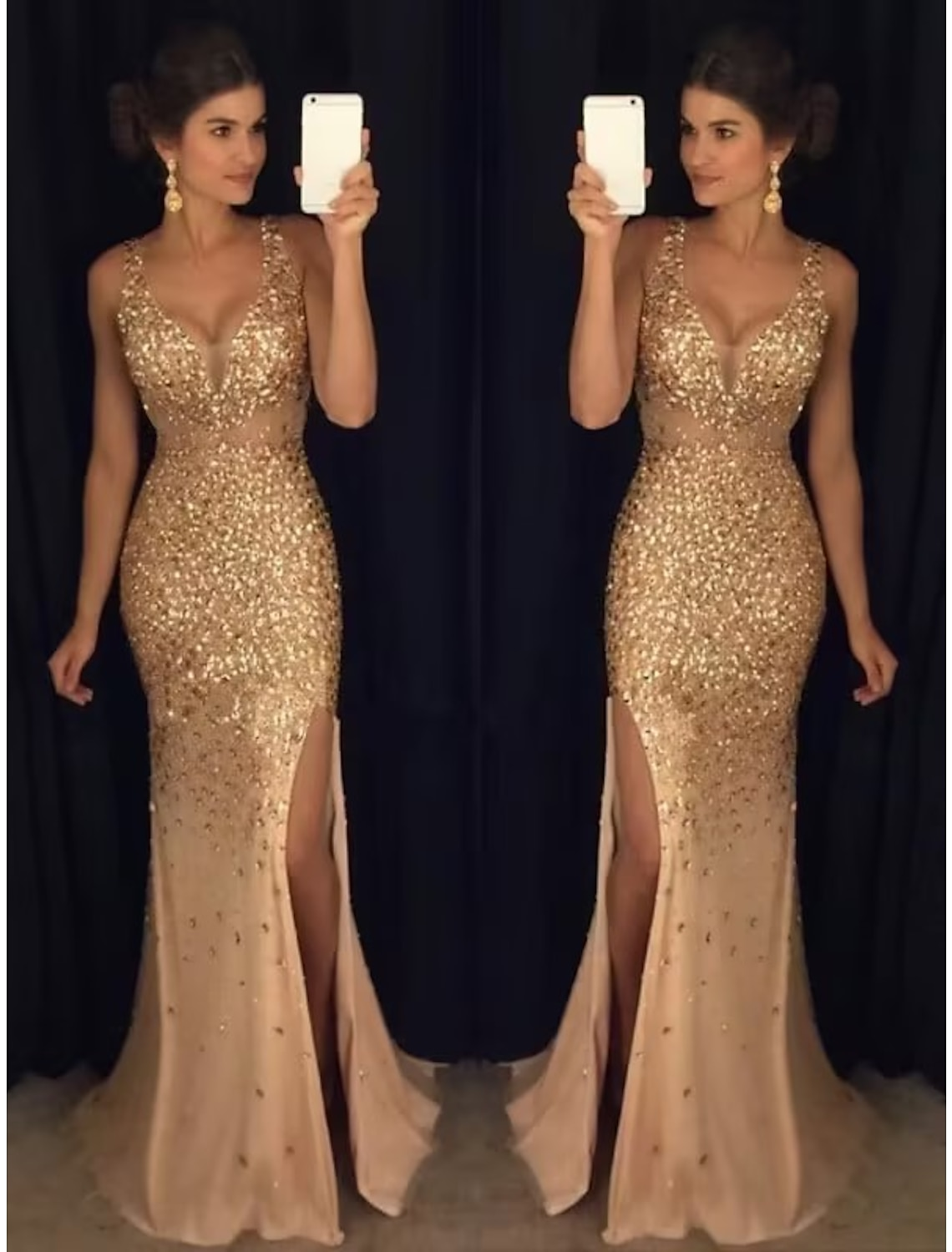 Elegant mermaid trumpet prom dress with sweetheart neckline, sleeveless design, and rhinestone slit on tulle fabric.