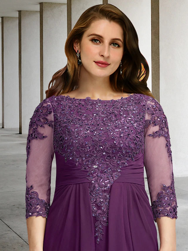 Formal floor length gown with jewel neck and half sleeves.