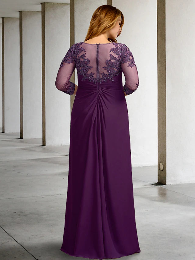 Chiffon mother of the bride dress with ruched details and beading.