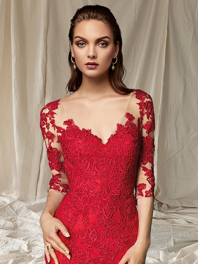 Full length view of the elegant V-neck half-sleeve mother of the bride dress.