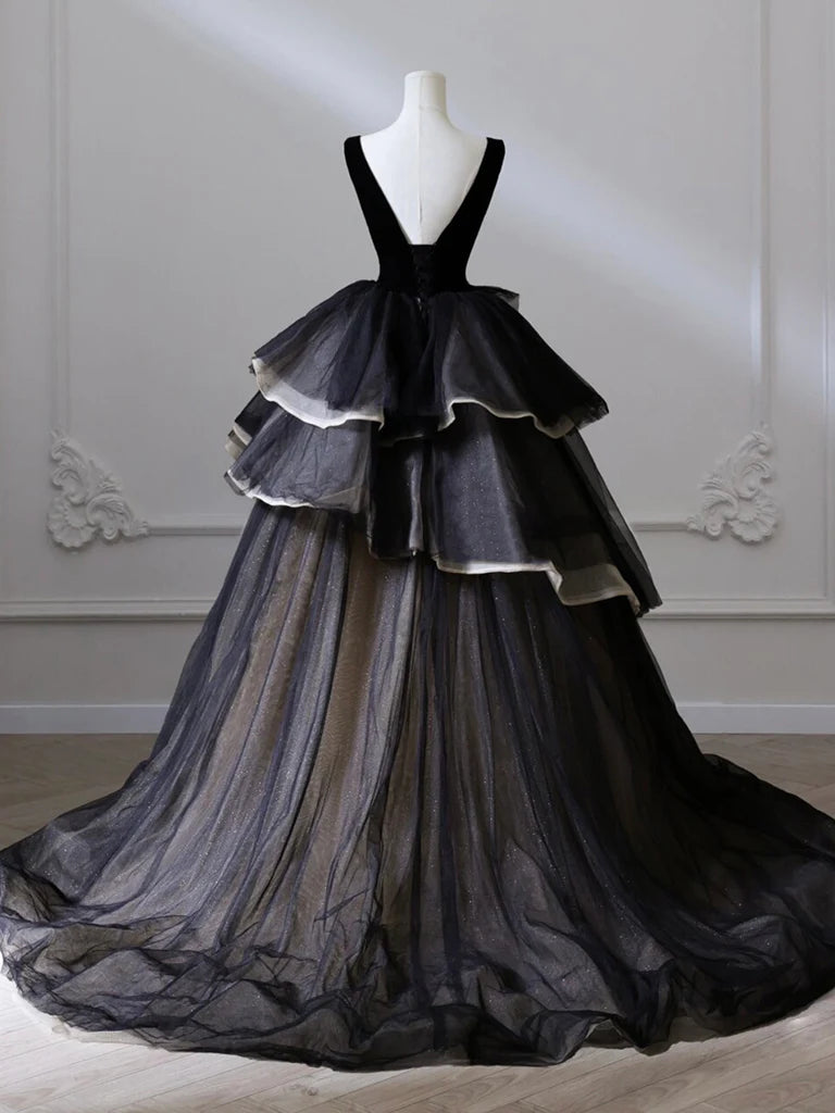 Back view of the luxurious V-neck prom gown.