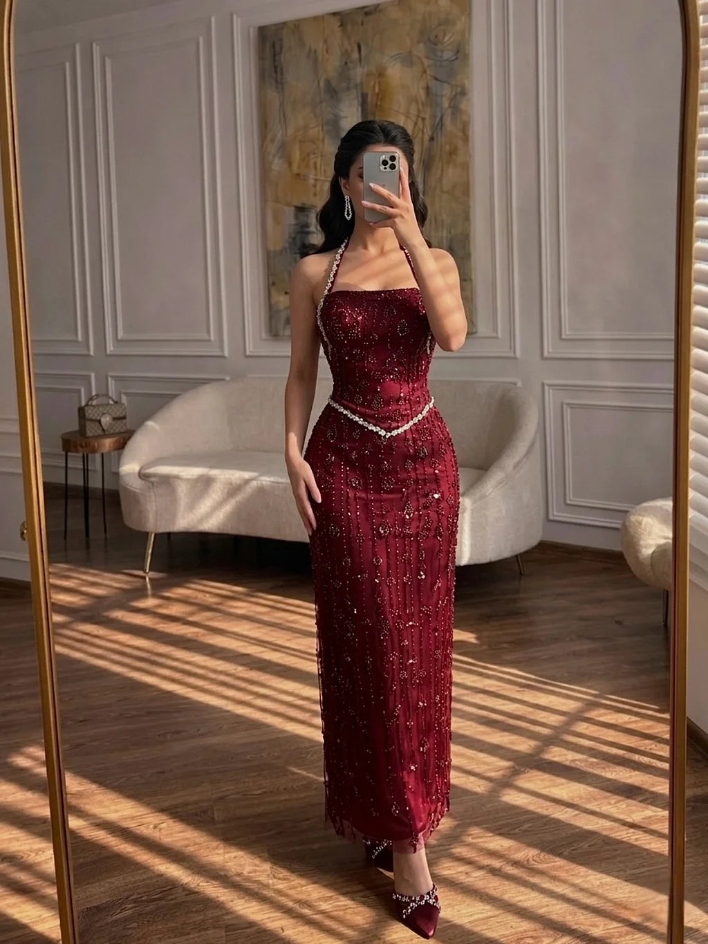 Luxurious Halter Neck Beaded Pearl Waist Fringe Satin Mermaid Maxi Prom Dress