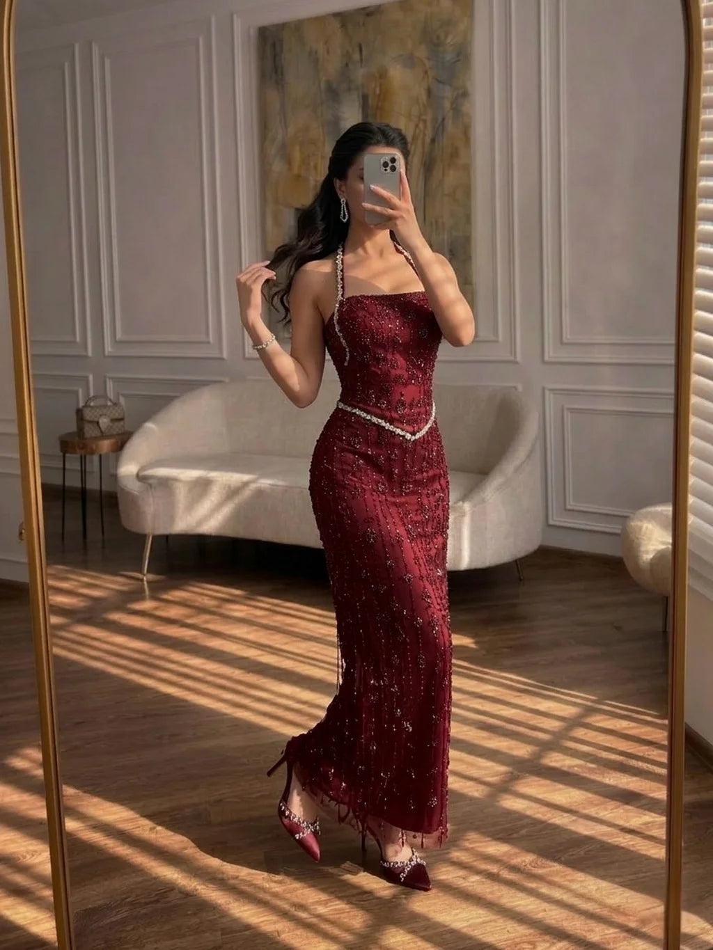 Luxurious Halter Neck Beaded Pearl Waist Fringe Satin Mermaid Maxi Prom Dress