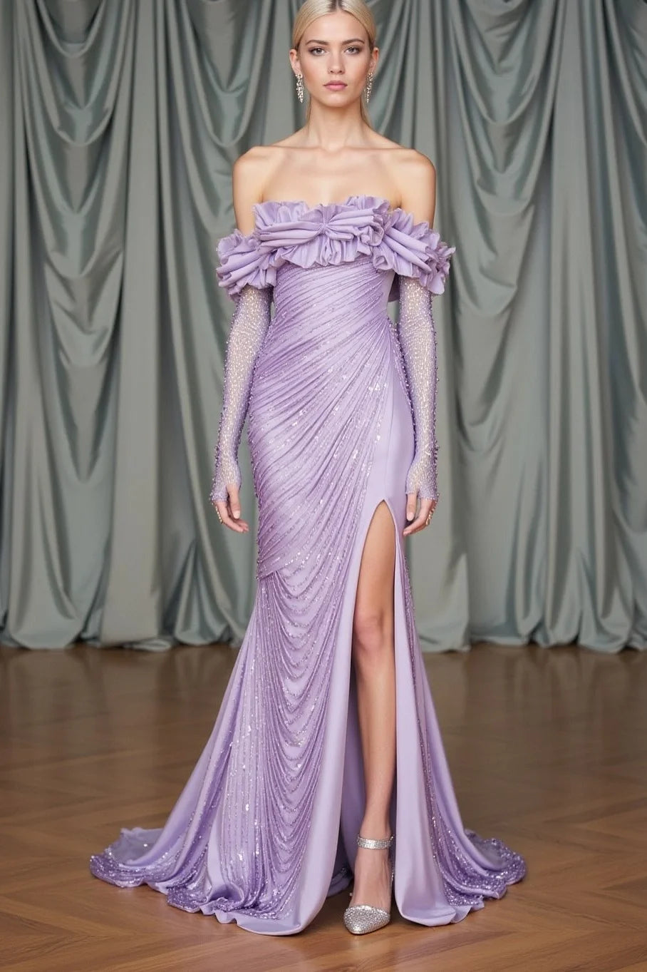 Luxurious Off The Shoulder Ruffle Neck Beaded Ruched Mermaid Maxi Prom Dress with Sheer Long Gloves and High Slit