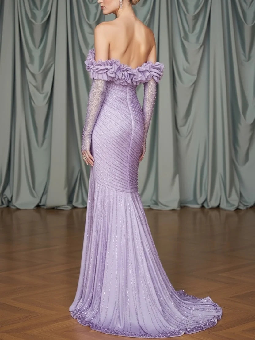 Luxurious Off The Shoulder Ruffle Neck Beaded Ruched Mermaid Maxi Prom Dress with Sheer Long Gloves and High Slit