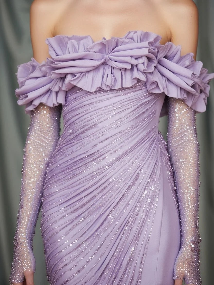 Luxurious Off The Shoulder Ruffle Neck Beaded Ruched Mermaid Maxi Prom Dress with Sheer Long Gloves and High Slit