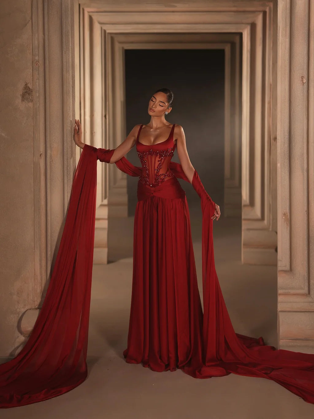 Luxurious Spaghetti Strap Beaded Sheer Corset Draped Chiffon A-Line Maxi Prom Dress with Train