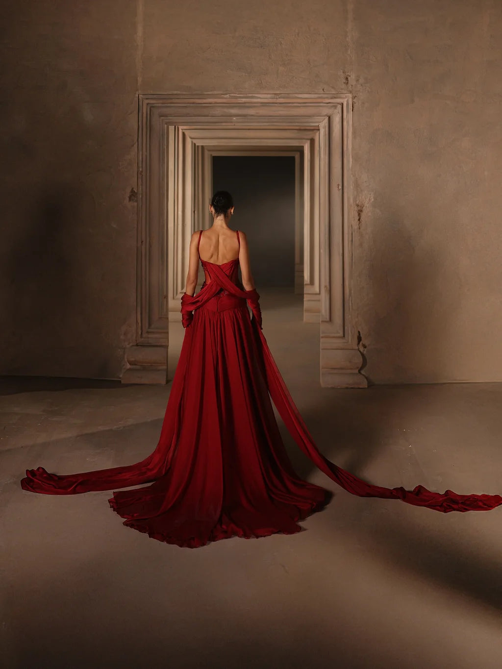 Luxurious Spaghetti Strap Beaded Sheer Corset Draped Chiffon A-Line Maxi Prom Dress with Train