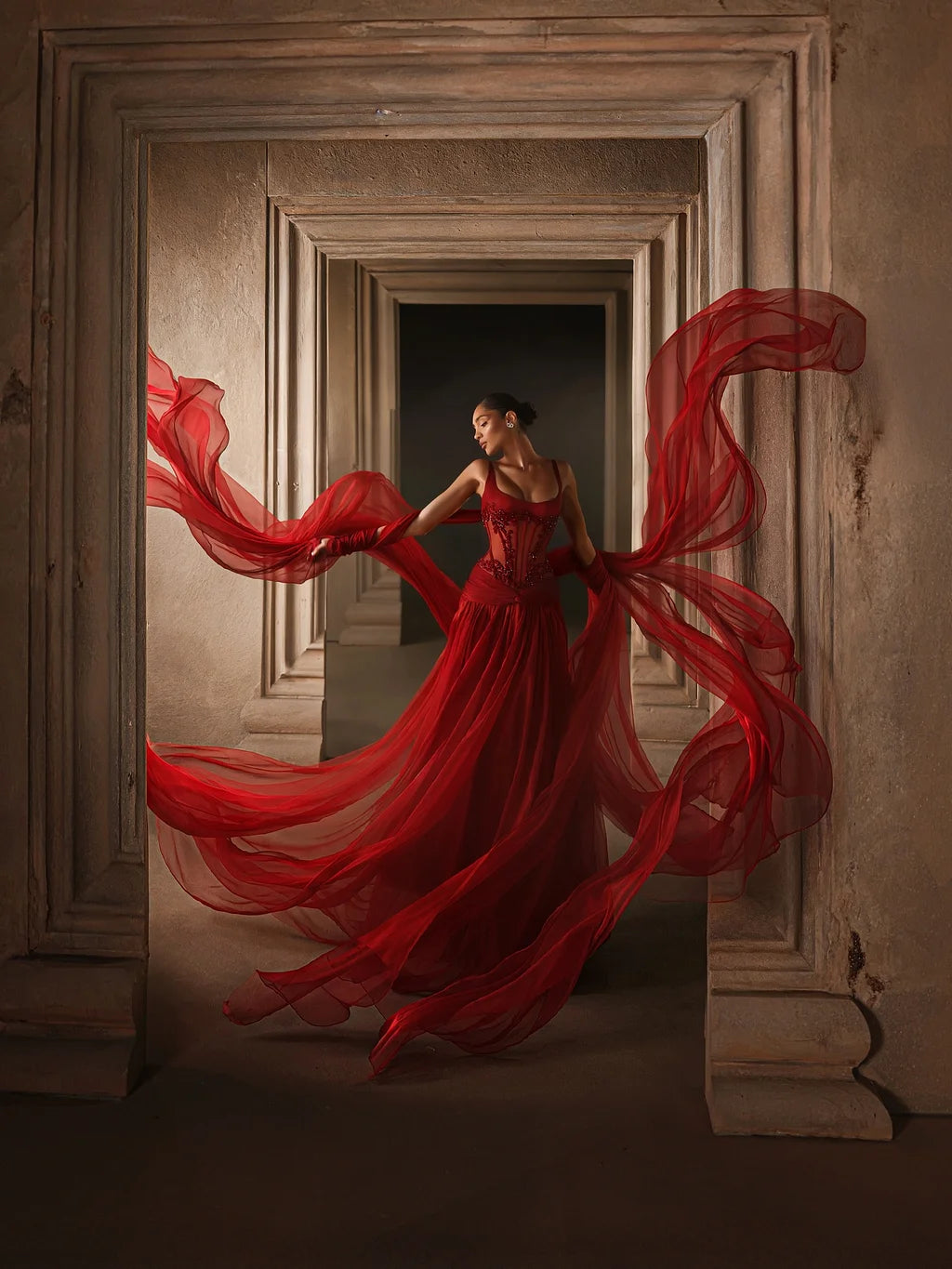 Luxurious Spaghetti Strap Beaded Sheer Corset Draped Chiffon A-Line Maxi Prom Dress with Train