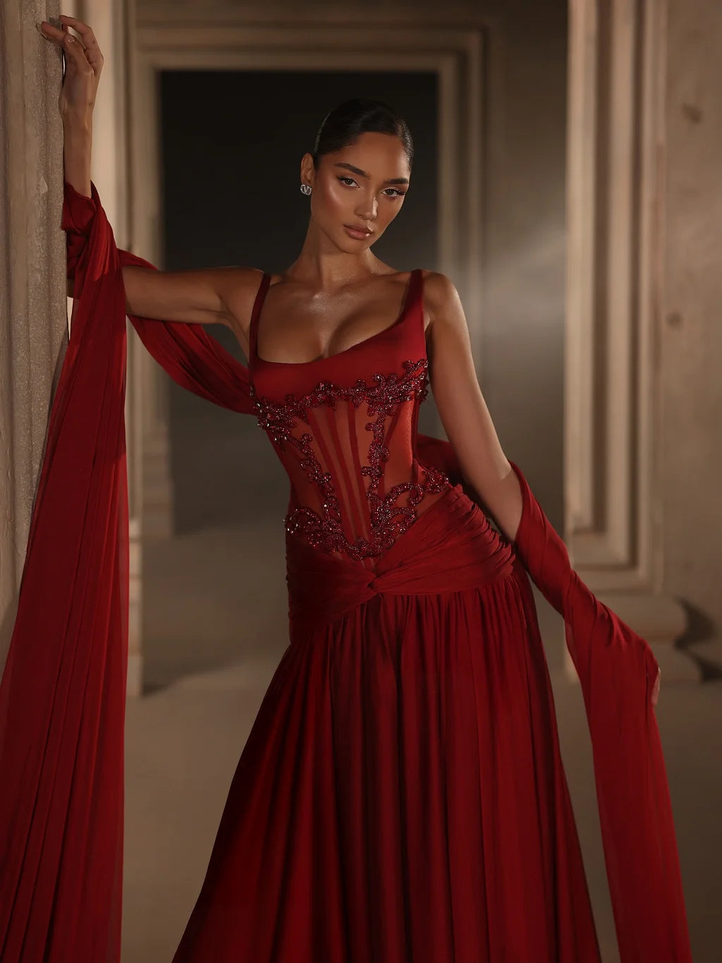 Luxurious Spaghetti Strap Beaded Sheer Corset Draped Chiffon A-Line Maxi Prom Dress with Train