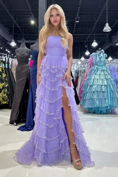 Luxurious Strapless Ruched Beaded Tiered Tulle High Slit A-Line Maxi Prom Dress with Train