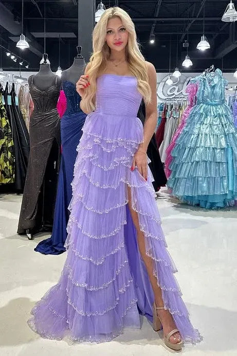 Luxurious Strapless Ruched Beaded Tiered Tulle High Slit A-Line Maxi Prom Dress with Train