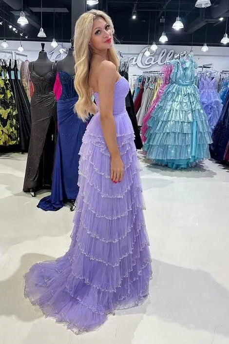 Luxurious Strapless Ruched Beaded Tiered Tulle High Slit A-Line Maxi Prom Dress with Train