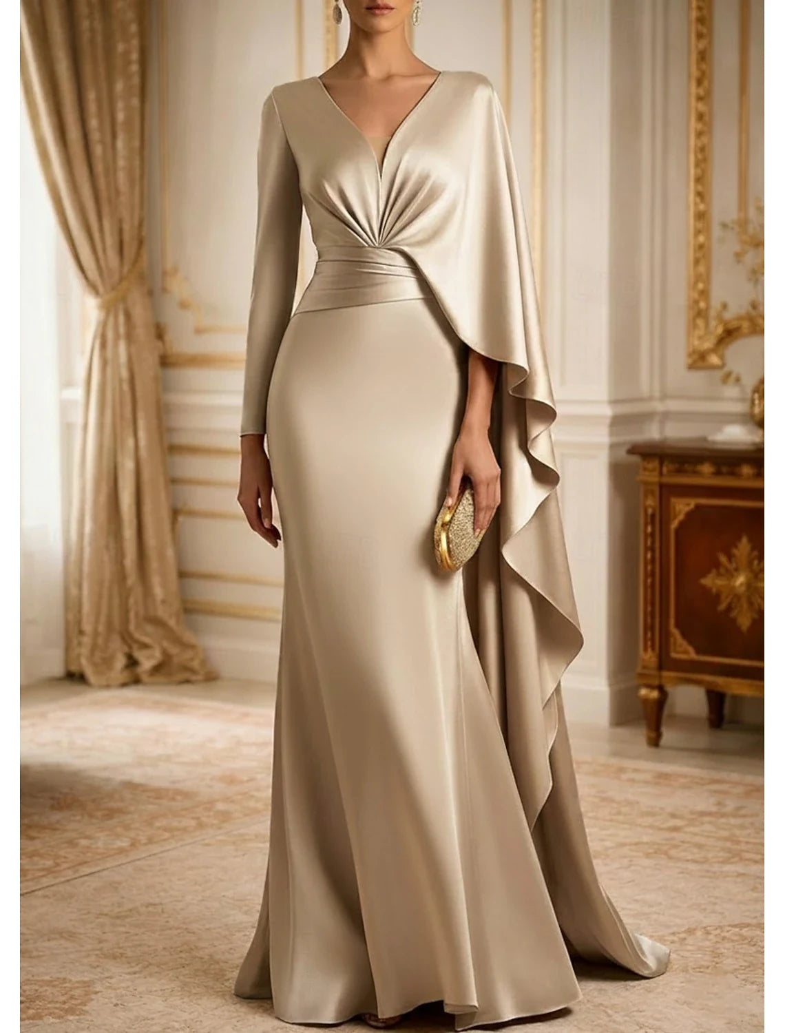 Luxurious Mermaid V-Neck Long Sleeve Draped Champagne Gold Floor-Length Evening Dress Gown