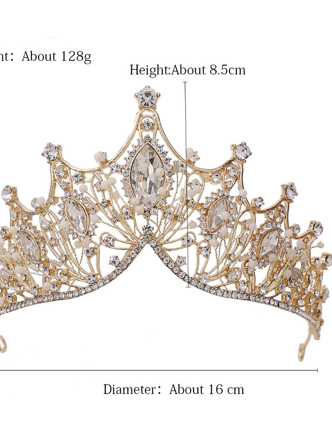 Front view of a dazzling special occasion tiara with pearls, crystals, and rhinestones.