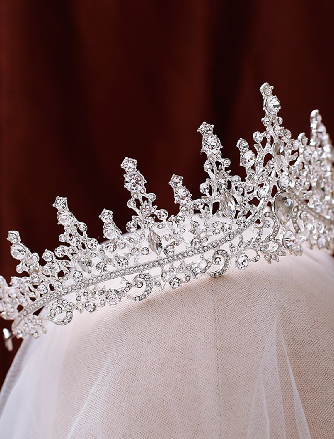 Front view of a luxurious rhinestone tiara.