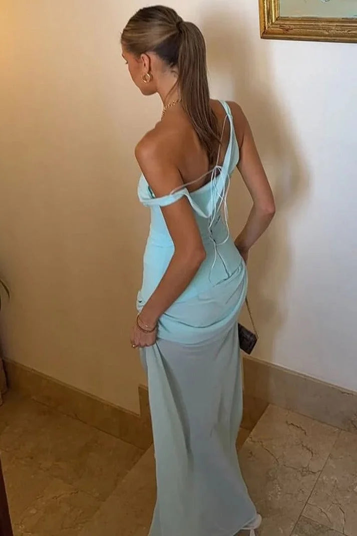 Luxury Aqua Prom Dresses One Shoulder with Satin Mermaid Silhouette and Twist Detail