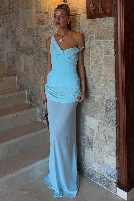 Luxury Aqua Prom Dresses One Shoulder with Satin Mermaid Silhouette and Twist Detail