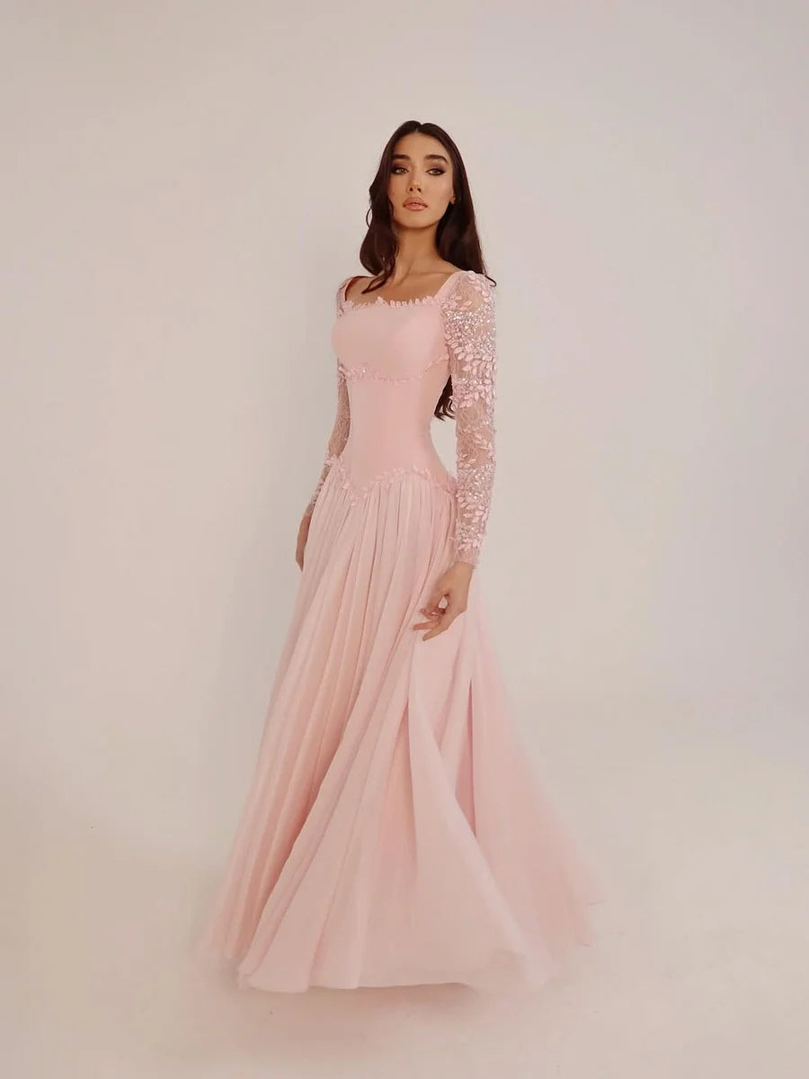 Luxury Blush Pink 3D Floral Lace Long Sleeve Chiffon A-Line Maxi Prom Dresses