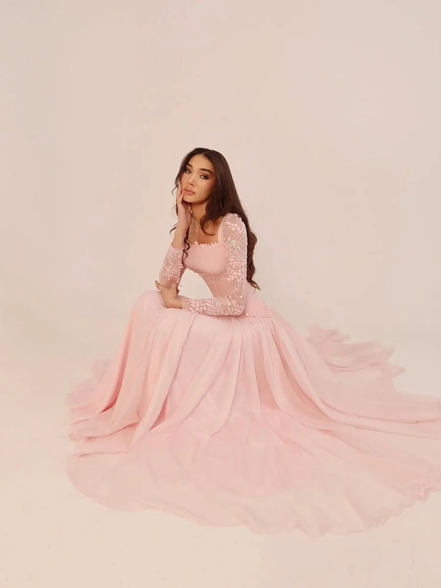 Luxury Blush Pink 3D Floral Lace Long Sleeve Chiffon A-Line Maxi Prom Dresses