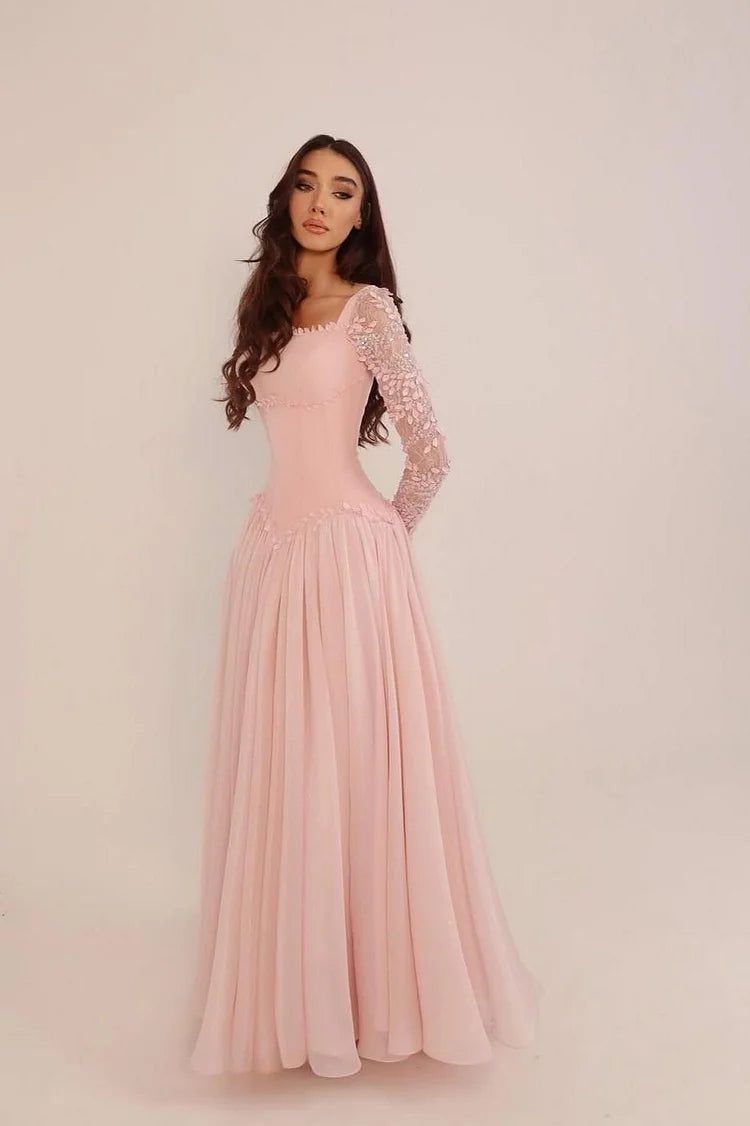 Luxury Blush Pink 3D Floral Lace Long Sleeve Chiffon A-Line Maxi Prom Dresses